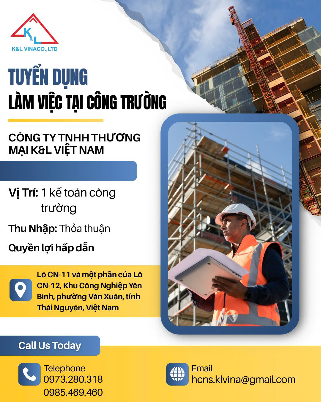 TUYỂN DỤNG: KẾ TOÁN CÔNG TRƯỜNG (làm tại Thái Nguyên)
